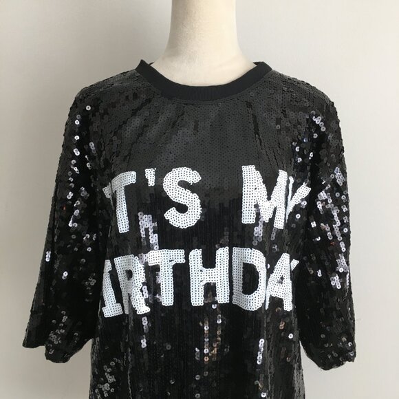 Black White Sequined "IT'S MY BIRTHDAY" Short Sleeve Lined Dress Long Shirt - Picture 6 of 9